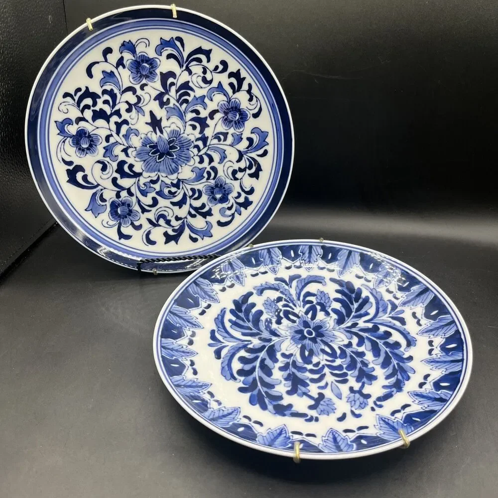 Set of 2 Vintage Centrum Ceramics Blue & White Floral 10 1/8” Dinner Plates